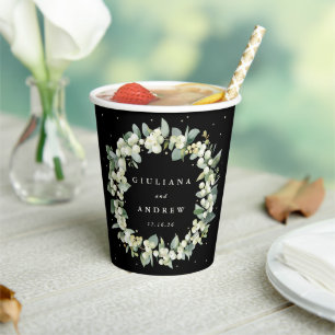 Elegant Black Snowberry+Eucalyptus Wreath Wedding Paper Cups