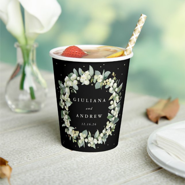 Elegant Black Snowberry+Eucalyptus Wreath Wedding Paper Cups (Insitu)