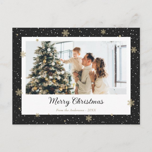 Elegant Black Snowflake Photo Christmas Holiday Postcard (Front)