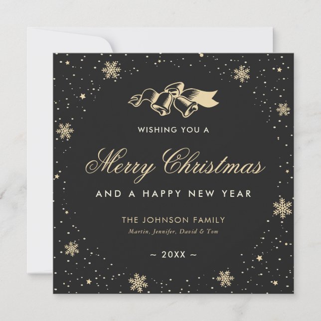 Elegant Black Snowflakes Christmas Bells Holiday Card (Front)
