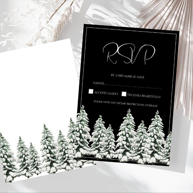 Elegant Black Snowy Pine Forest Wedding RSVP Card (Winter Black and White Snowy Pine Trees Wedding RSVP Card)