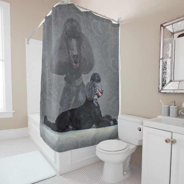 Elegant Black Standard Poodle Composition Shower Curtain (In Situ)