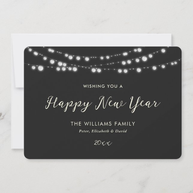 Elegant Black String Lights Happy New Year Card (Front)