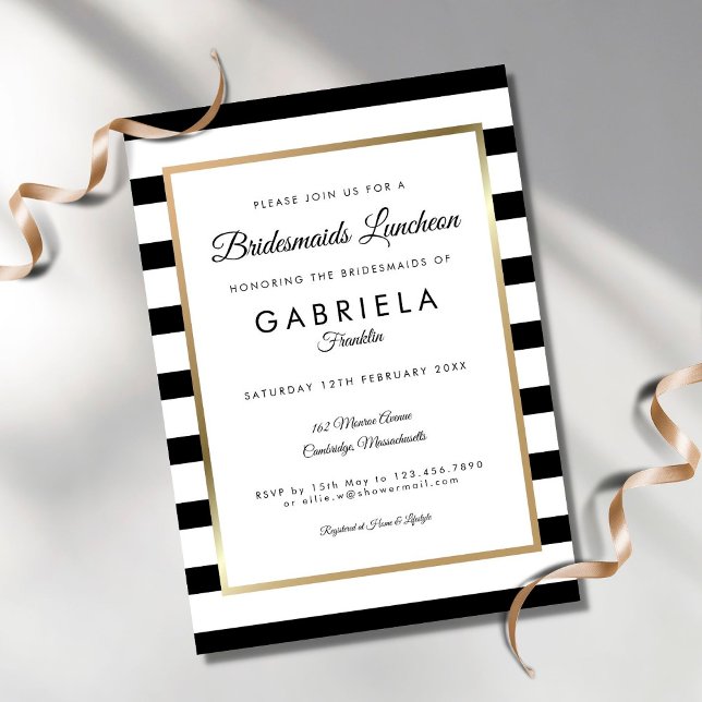 Elegant Black Stripe Gold Bridesmaids Luncheon Invitation (Creator Uploaded)