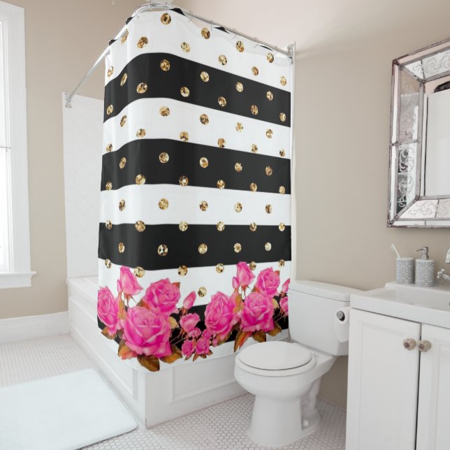 Elegant Black Stripes Gold Glitter Dots Pink Roses Shower Curtain (In Situ)