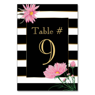 Elegant Black Stripes Pink Daisies Table Card