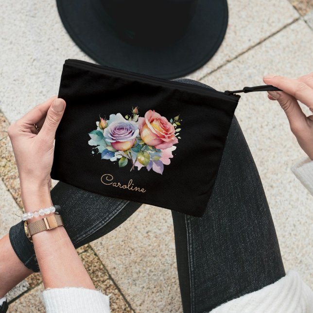  Elegant Black Stylish Floral Boho Cute  Accessory Pouch (Creator Uploaded)