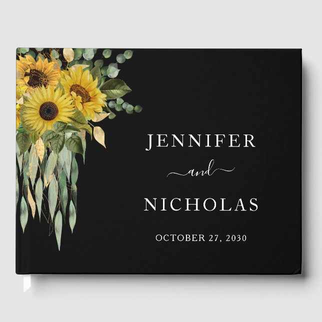 Elegant Black Sunflower Wedding Guest Book (Front)