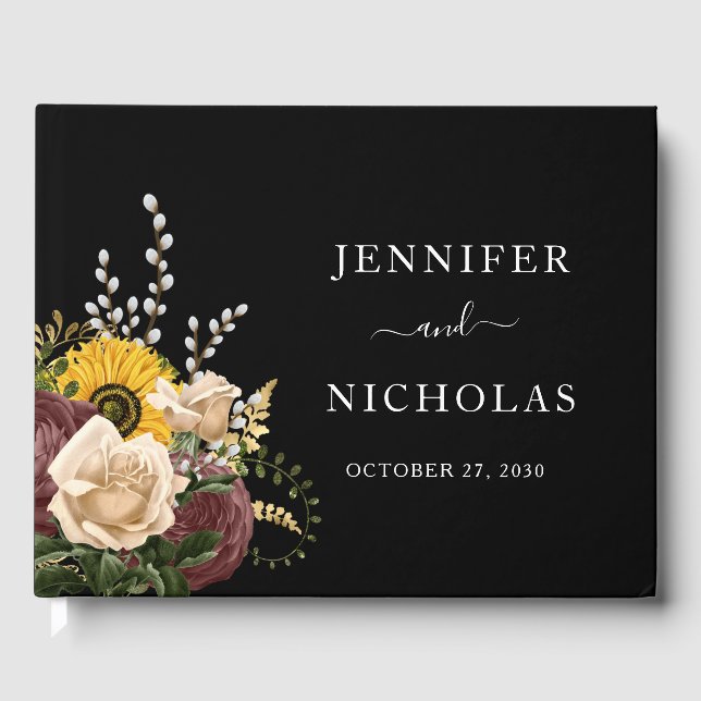 Elegant Black Sunflowers Wedding Guest Book (Front)