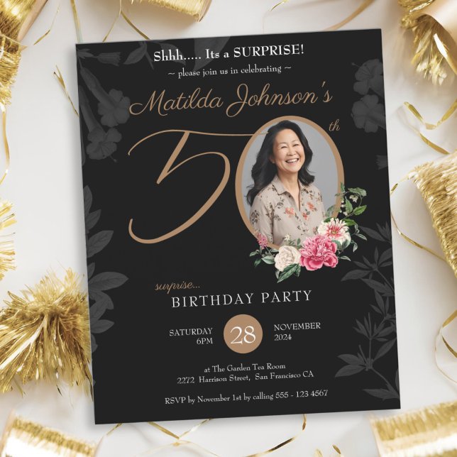 Elegant Black Surprise 50th Birthday Invitation (Elegant Black Surprise 50th Birthday Invitation)