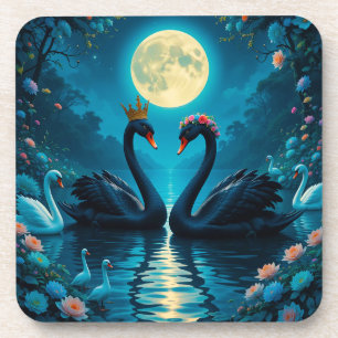 Elegant Black Swans Under Full Moon Coaster