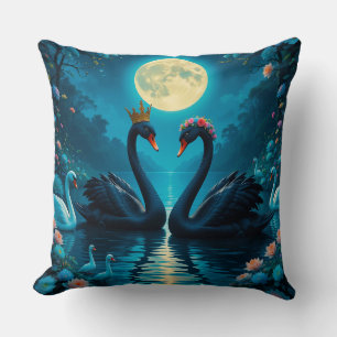 Elegant Black Swans Under Full Moon Cushion