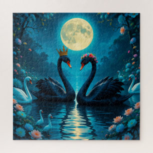Elegant Black Swans Under Full Moon Jigsaw Puzzle