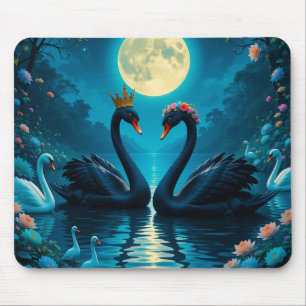 Elegant Black Swans Under Full Moon Mouse Pad