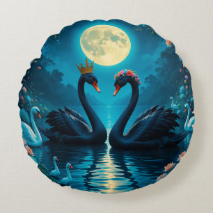Elegant Black Swans Under Full Moon Round Cushion