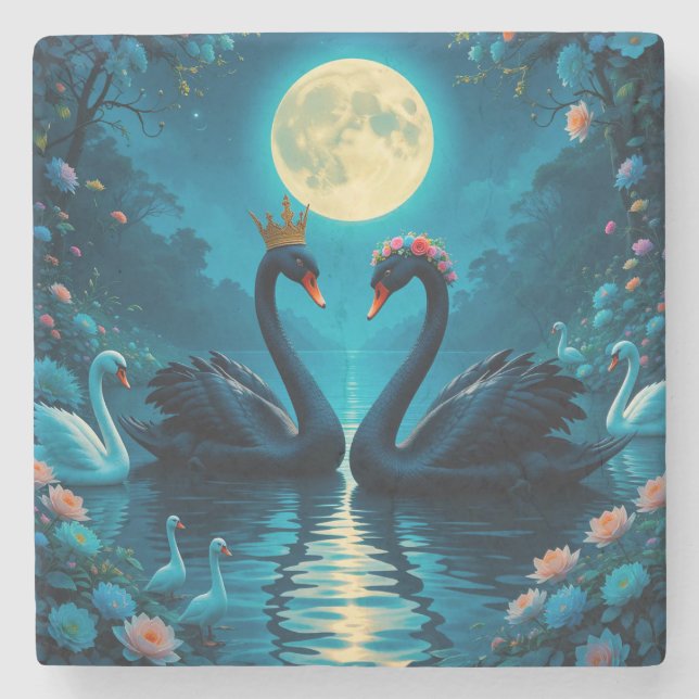 Elegant Black Swans Under Full Moon Stone Coaster (Front)