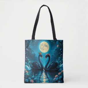 Elegant Black Swans Under Full Moon Tote Bag