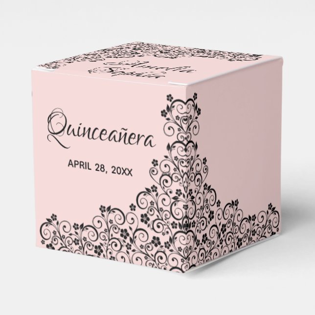 Elegant Black Swirls on Blush Pink Quinceañera Favour Box (Front Side)