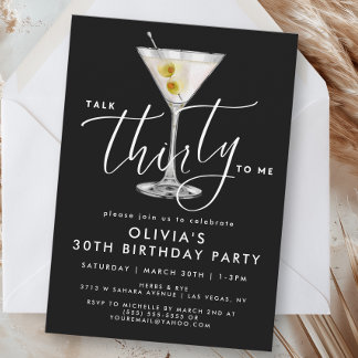 Elegant Black “Talk Thirty to Me” Martini 30th Invitation