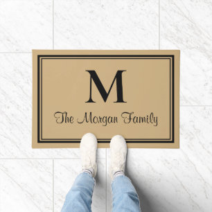 Elegant Black Tan Double Borders Monogram Doormat