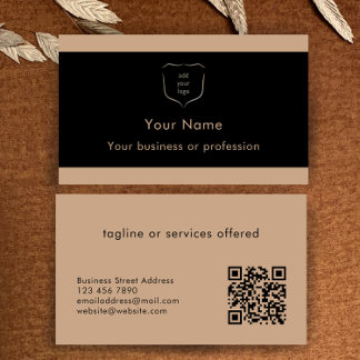 Elegant Black & Tan Logo QR Code Professional Business Card