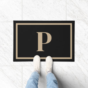 Elegant Black Tan Monogram Initial Design Doormat