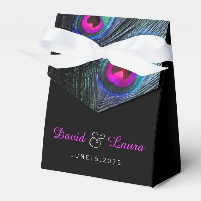 Elegant Black Teal and Hot Pink Peacock Wedding Favour Box (Front Side)