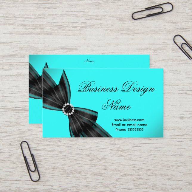 Elegant Black Teal Blue Diamond Bow Design Business Card (Front/Back In Situ)