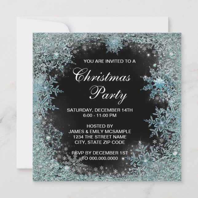 Elegant Black Teal Blue Snowflake Christmas Party Invitation (Front)