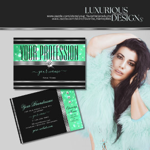 Elegant Black Teal Green Glitter Diamonds Silver Business Card