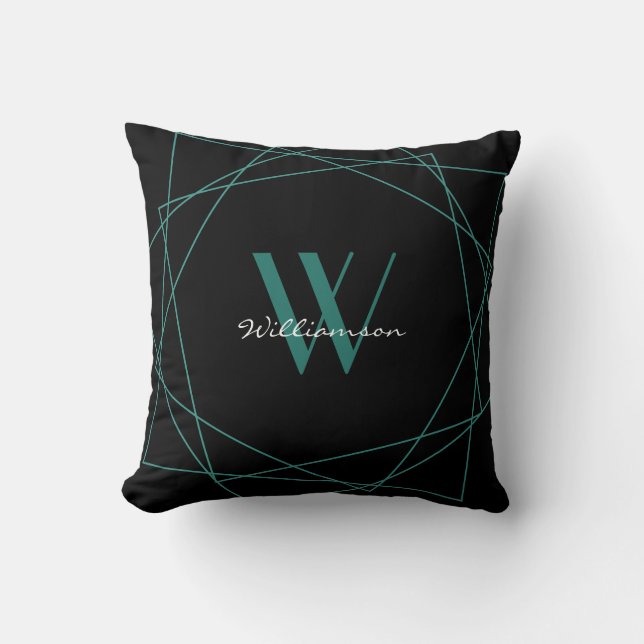 Elegant Black Teal Monogram Geometric Name Script Cushion (Front)