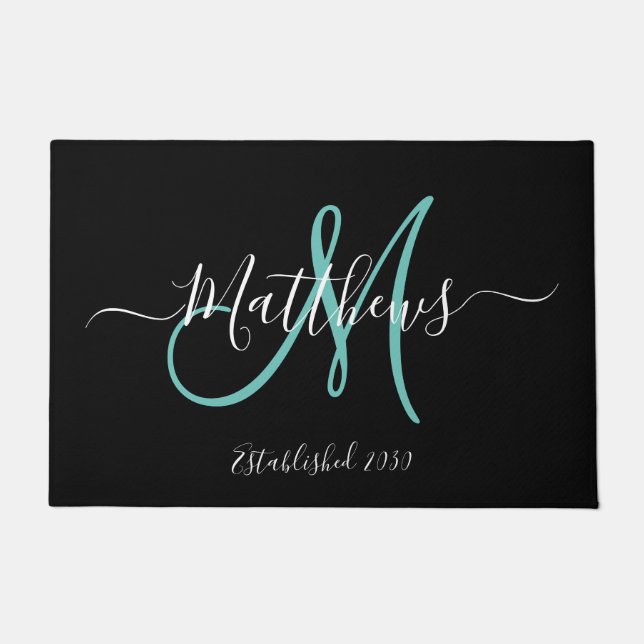 Elegant Black Teal Monogram Script Family Name Doormat (Front)