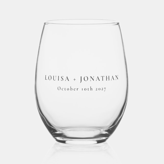 Elegant Black Text Minimalist Wedding Custom Stemless Wine Glass (Front)