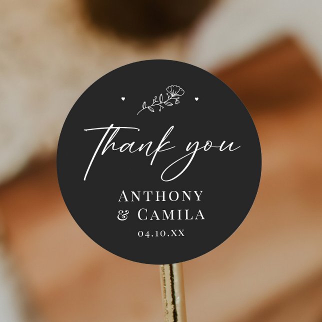 Elegant Black Thank You Wedding Classic Round Sticker (Creator Uploaded)