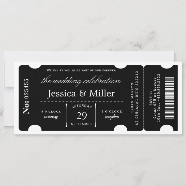 Elegant Black Ticket Wedding Invitation (Front)