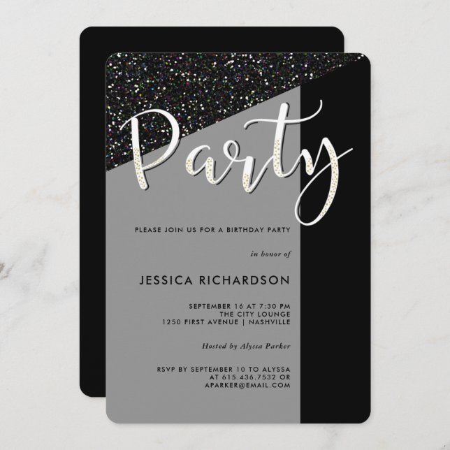 Elegant Black Tie | Glitter Look Party Invitation (Front/Back)