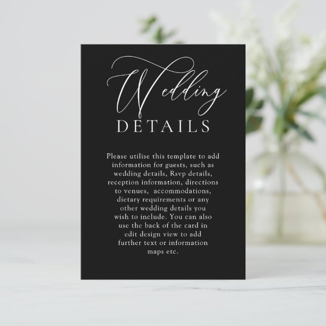 Elegant Black Timeless Modern Wedding Details Enclosure Card (Standing Front)