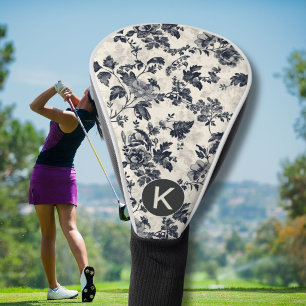 Elegant Black Toile Floral Pattern Monogram Golf Head Cover