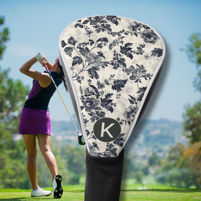 Elegant Black Toile Floral Pattern Monogram Golf Head Cover (Creator Uploaded)
