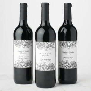 Elegant Black Toile Floral  Wine Label