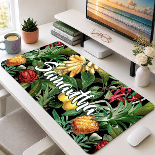 Elegant Black Tropical Leaves Fruits Botanical Desk Mat