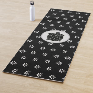 Elegant Black Turtle with White Flowers on Black Yoga Mat