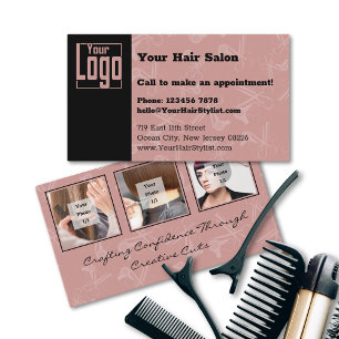 Elegant Black & Tuscany Pink Hair Salon Logo  Business Card