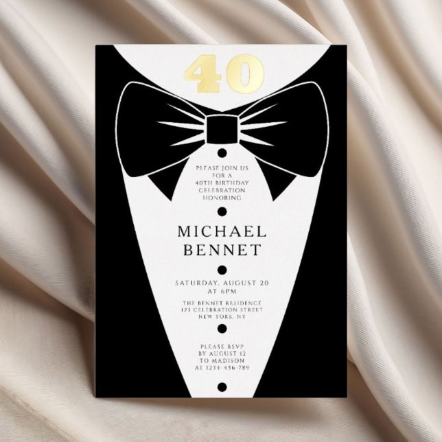 Elegant Black Tuxedo 40th Birthday Gold (Elegant Black Tuxedo 40th Birthday Gold Foil Invitation
)