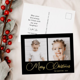 Elegant Black Two Photo Christmas Foil Holiday Postcard