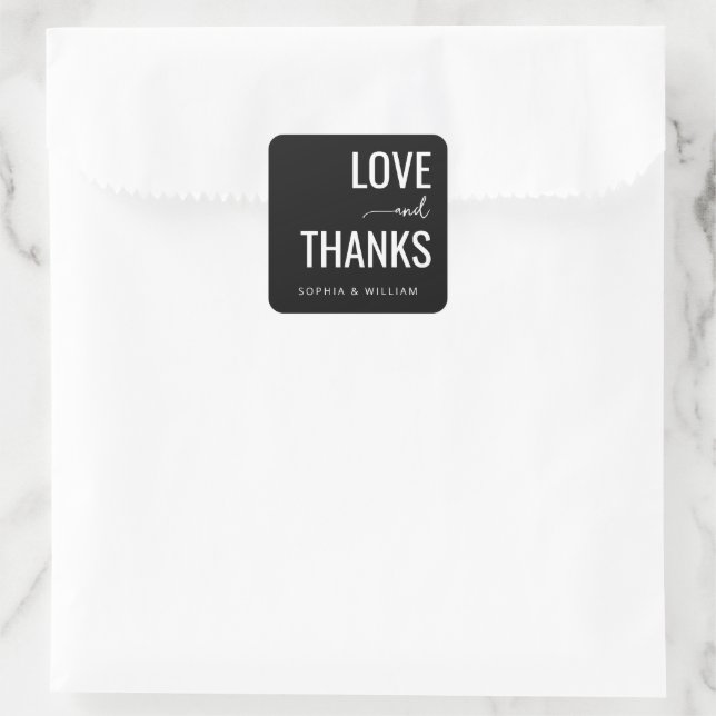 Elegant Black Typographic Love Thanks Square Sticker (Bag)
