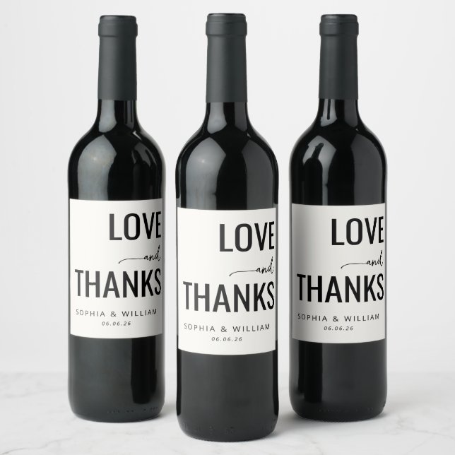 Elegant Black Typographic Love Thanks Wine Label (Bottles)
