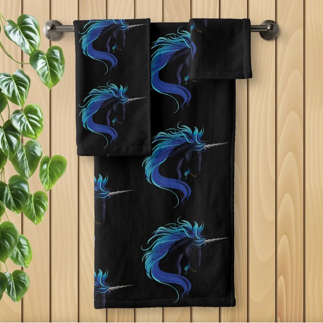 Elegant Black Unicorn Blue Silver Magical Fantasy Bath Towel Set (Creator Uploaded)