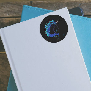 Elegant Black Unicorn Blue Silver Magical Fantasy Classic Round Sticker