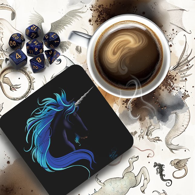 Elegant Black Unicorn Blue Silver Magical Fantasy Coaster (Creator Uploaded)